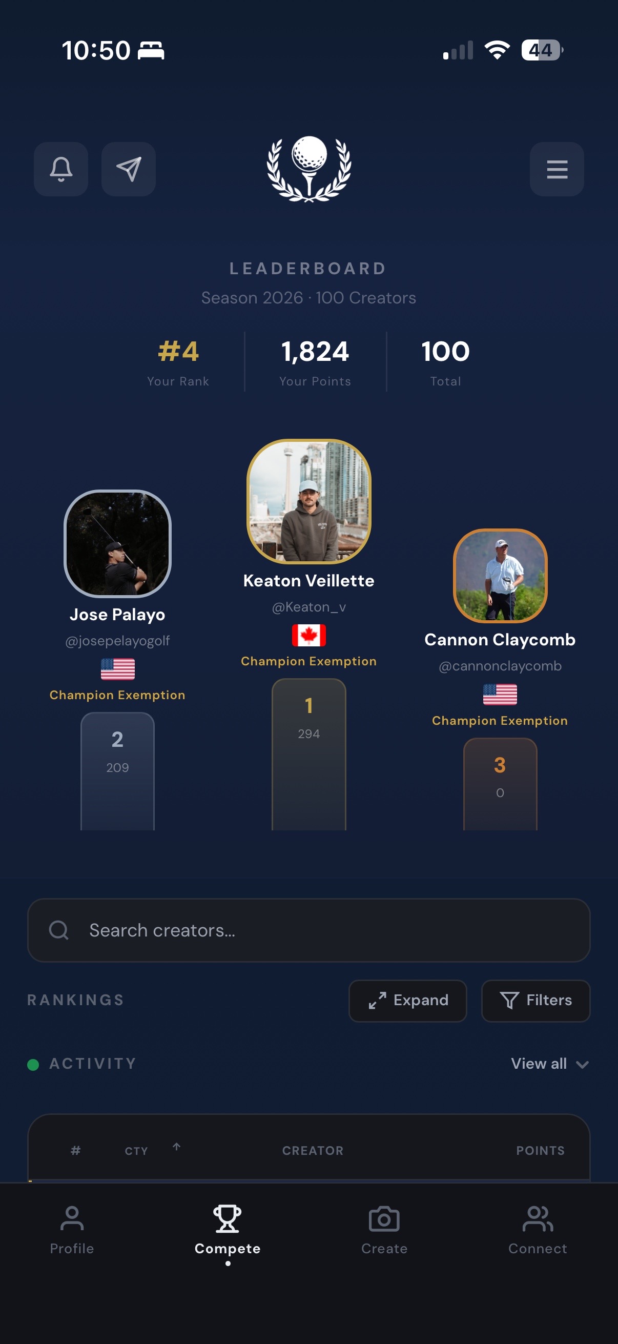 GCT leaderboard screen