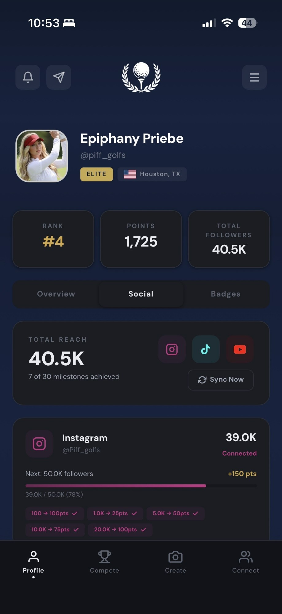 GCT Social profile screen